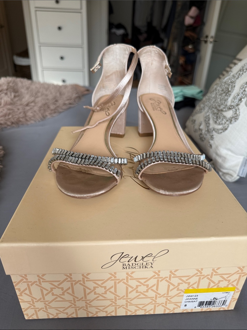 Jewel Badgley Mischka Blush champagne Satin Block-Heel Sandals with Crystal Band